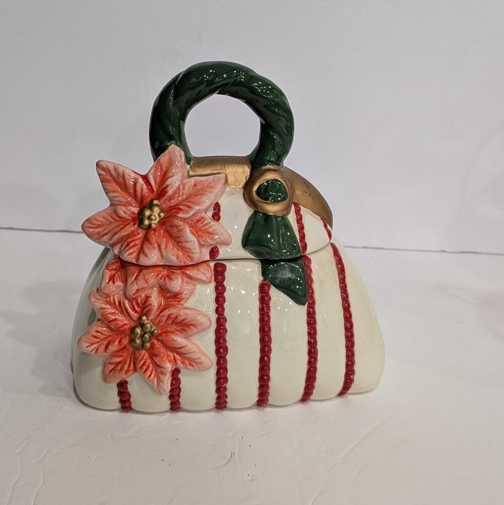 David's Cookies Christmas Purse Cookie Jar Ceramic Poinsettia Candy Jar